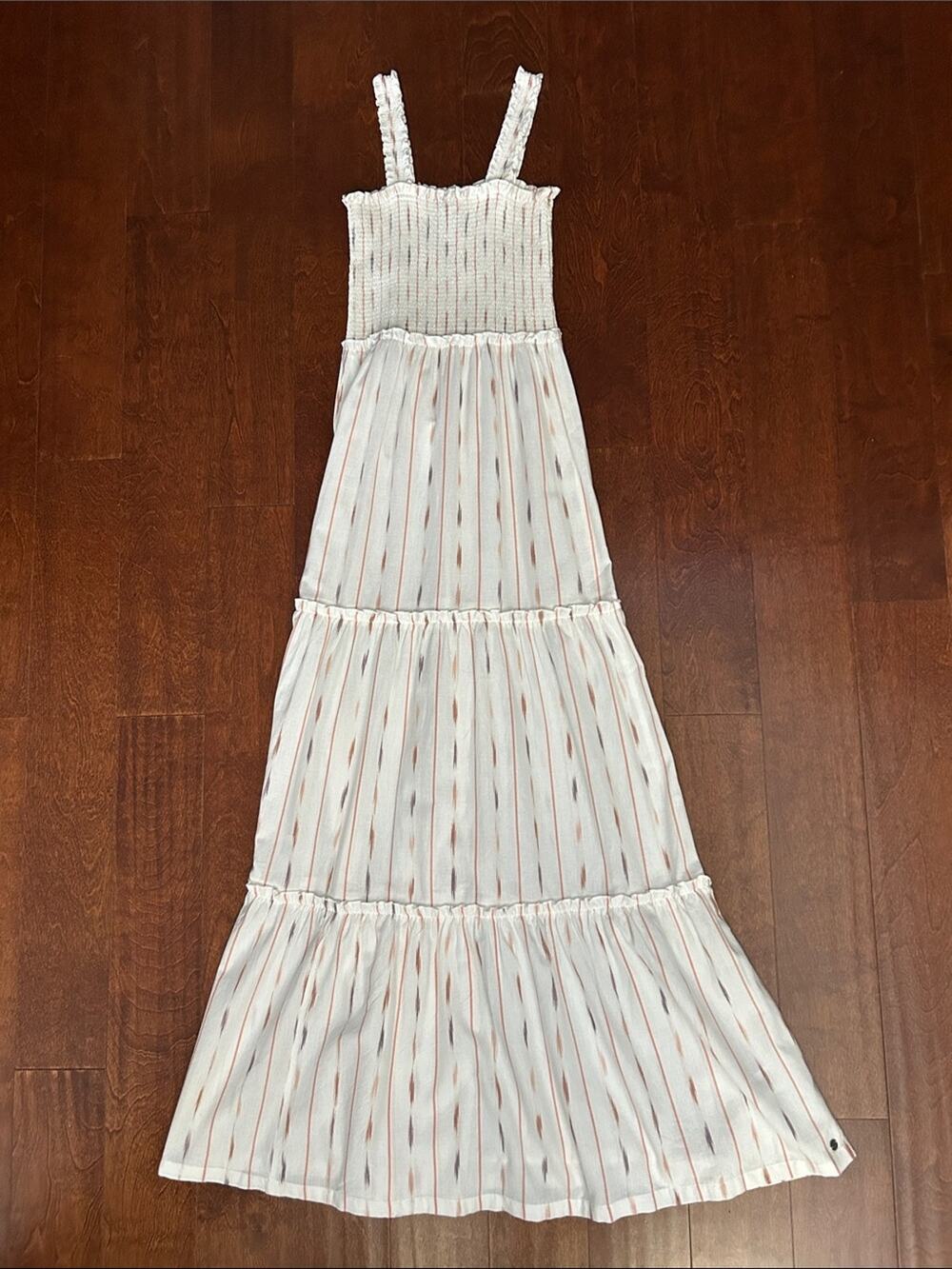 Roxy Smocked White Tiered Maxi Dress with Subtle Stripe Pattern, Size Medium